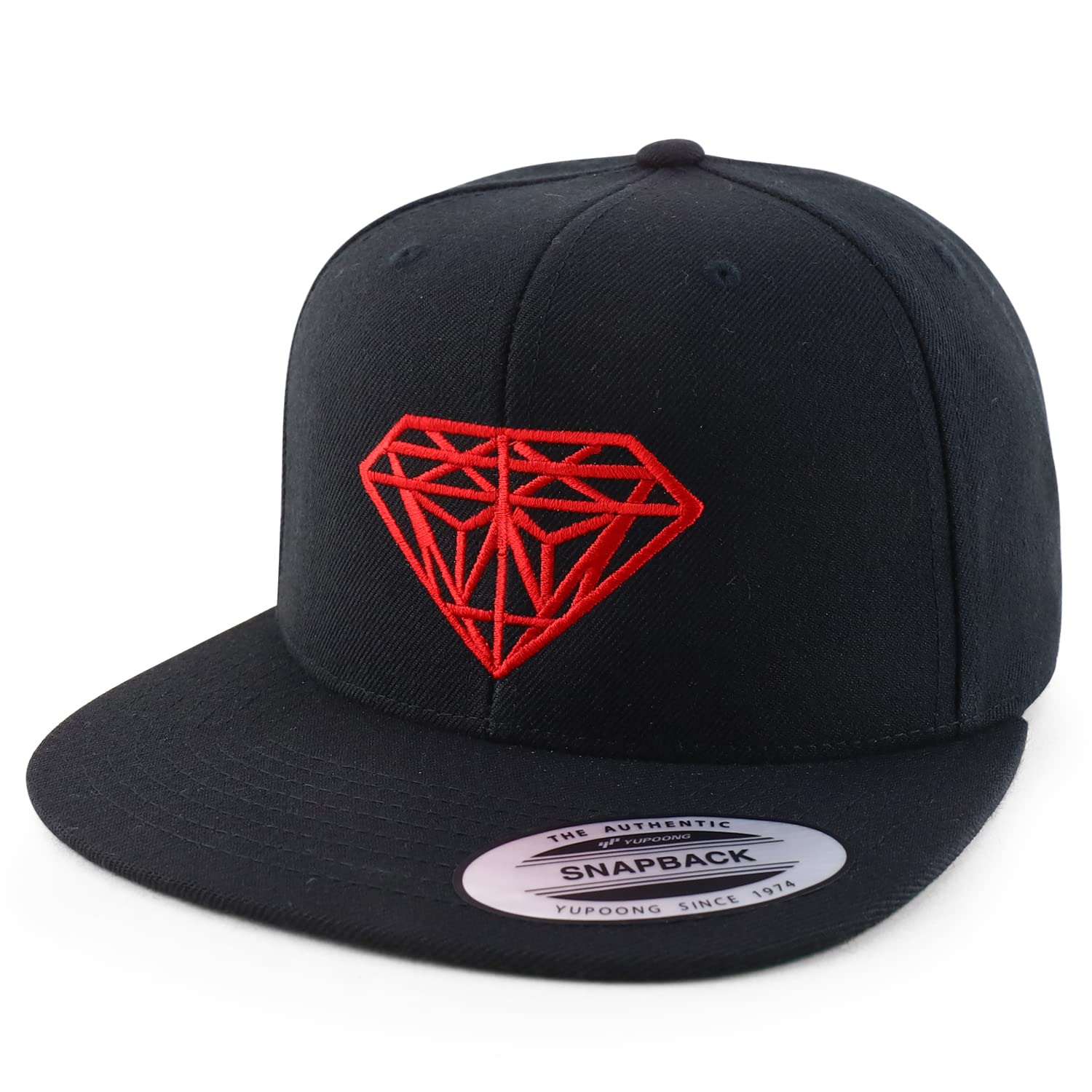 Flexfit Diamond Embroidered Flat Bill Snapback Cap - Black with Red Thread