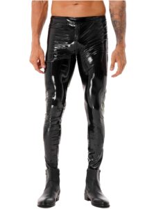 lorilida men's wet look faux leather muscle tights skinny pants night club leggings long trousers zipper black large