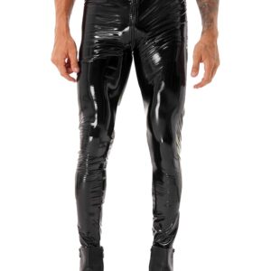 Lorilida Men's Wet Look Faux Leather Muscle Tights Skinny Pants Night Club Leggings Long Trousers Zipper Black Large