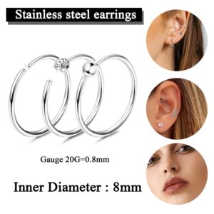 THUNARAZ 20G Stainless Steel Stud Earrings for Women Multipack Cartilage Earrings Star Moon Heart Opal Ball Tiny CZ Flat Back Earrings Hoops Tragus Daith Helix Earrings Piercing Jewelry, Metal, Cubic