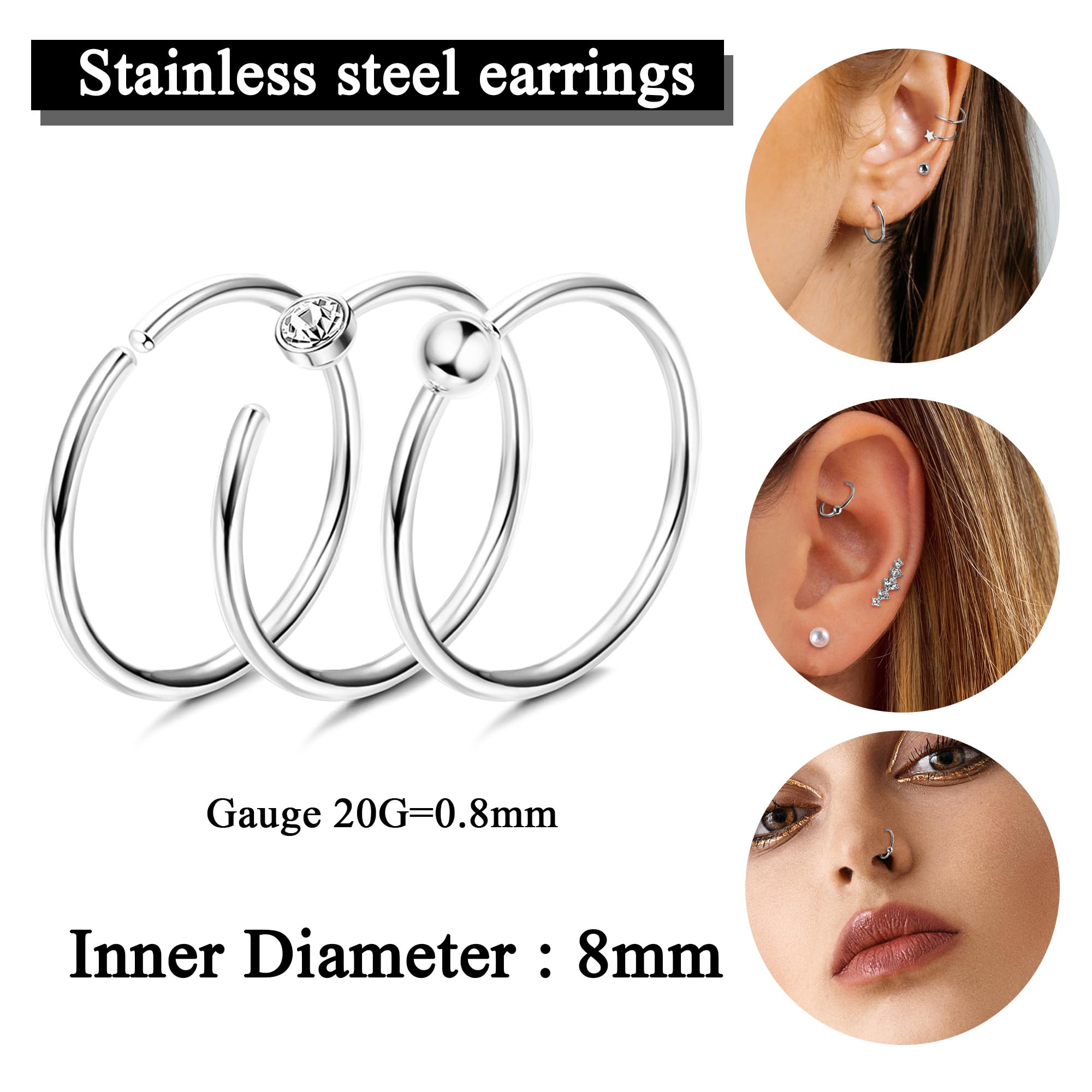 THUNARAZ 20G Stainless Steel Stud Earrings for Women Multipack Cartilage Earrings Star Moon Heart Opal Ball Tiny CZ Flat Back Earrings Hoops Tragus Daith Helix Earrings Piercing Jewelry, Metal, Cubic