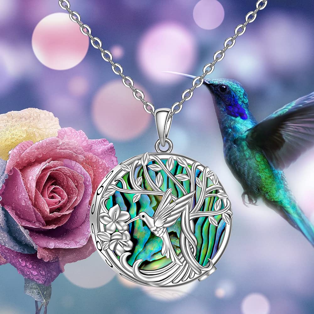 Hummingbird Necklace Hummingbird Urn Necklace for Ashes for Women Abalone Tree of Life Cremation Pendant Sterling Silver Memorial Keepsake Jewelry Mothers Day Gifts