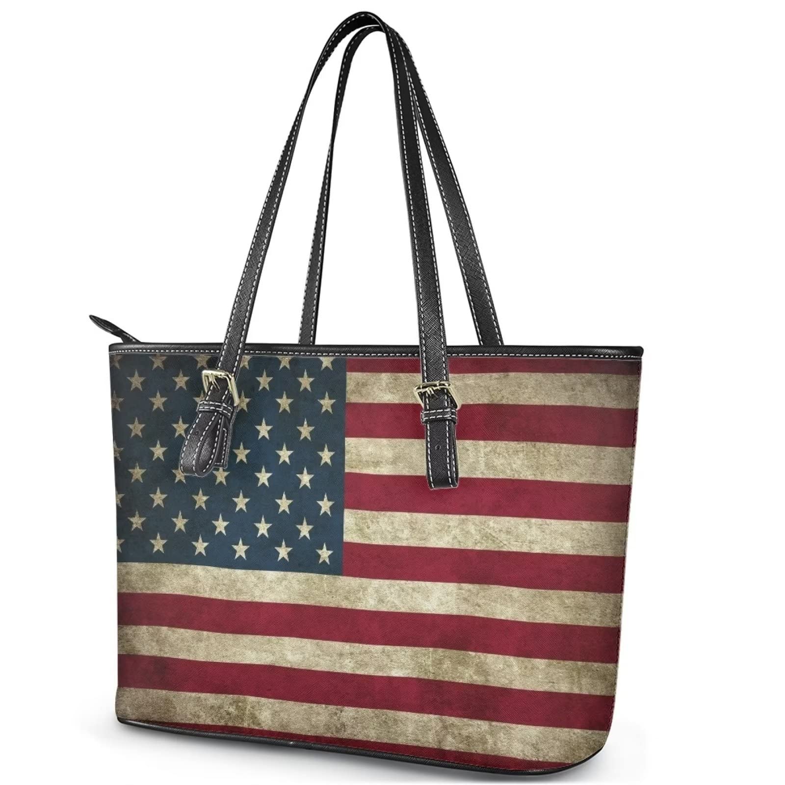 Glomenade Retro American Flag Womens Handbags PU Leather Top-handle Work Purse Large Capacity Zipper Satchel Shoulder Bag