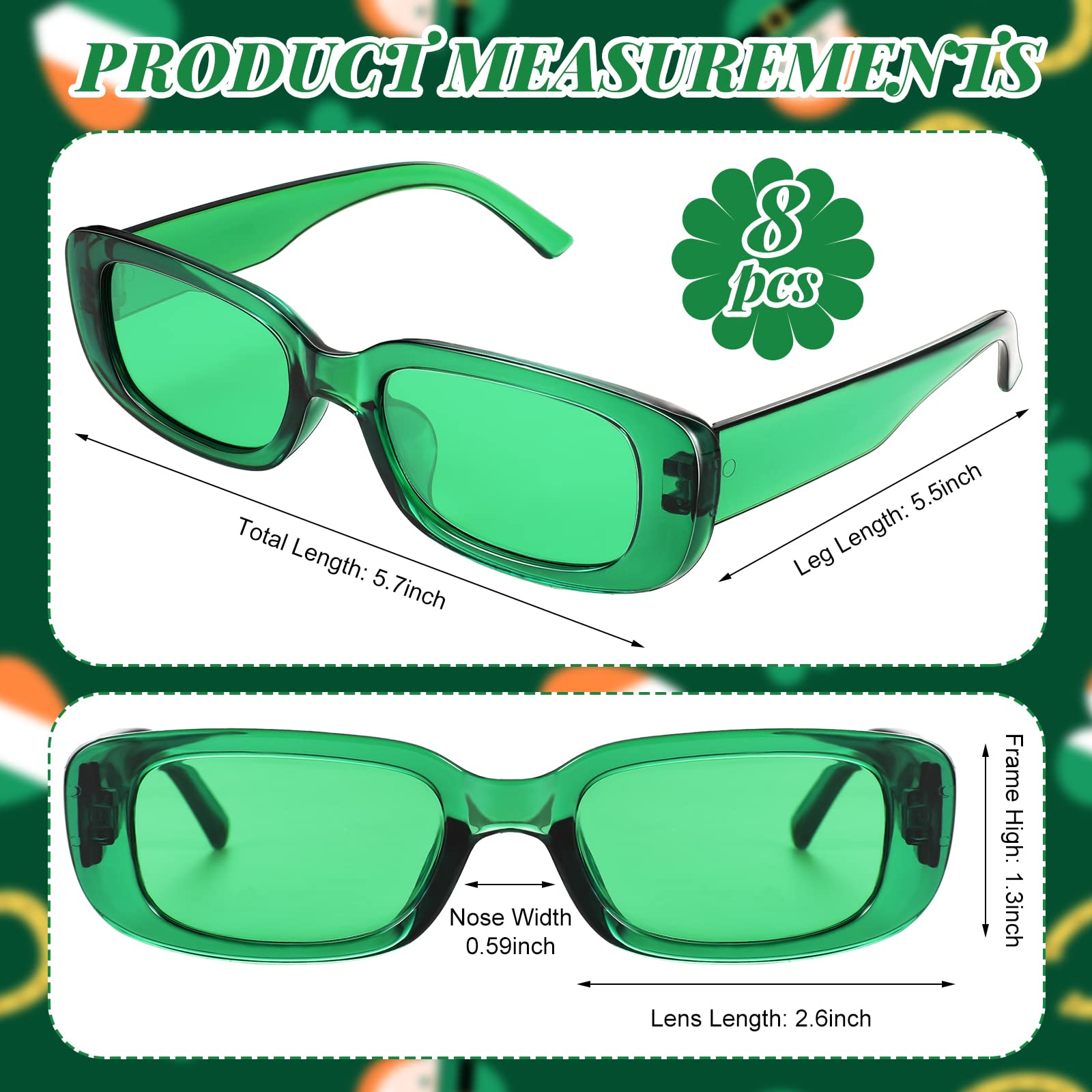 8 Pairs St Patrick's Day Green Sunglasses Rectangle Sunglasses Irish Retro Sunglasses Vintage Square Sunglasses for Men Women St Patrick's Day Party Favor Gift Supplies