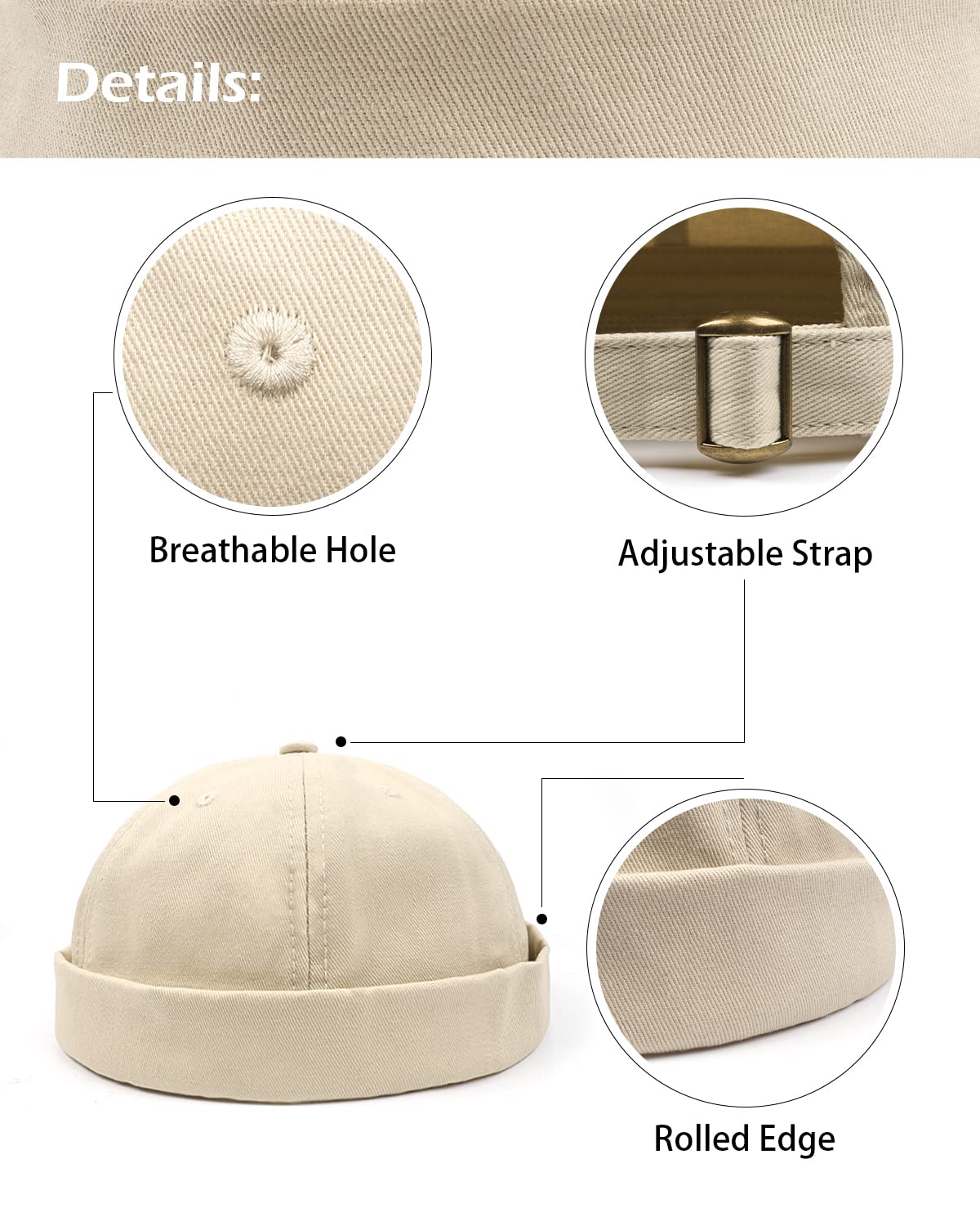 Zylioo XXL Oversize Watch Cap,Casual Harbour Hats for Big Heads,Roll-up Skull Caps,Large Adjustable Docker Hat Khaki