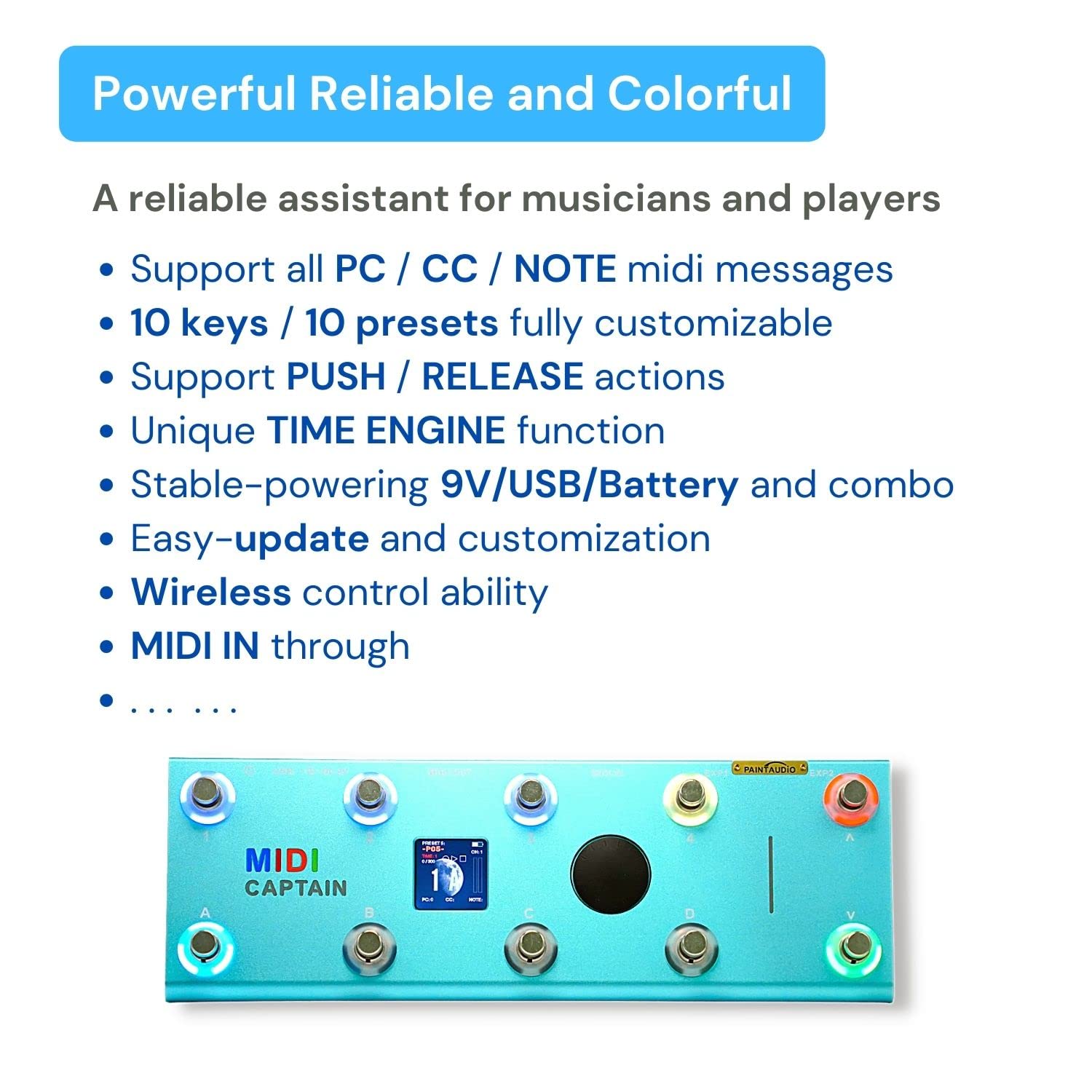 Paint Audio MIDI Captain Foot Controller Multi-Effects Keyboards Synthesizer USB-MIDI musical software Bias with Time Engine Function Support all PC/CC/Note commander 10 Foot Switches (Blue)