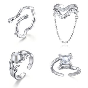 gbinitail 4pcs nature-inspired adjustable silver ring set - platinum-plated stackable rings with zirconia, pearl, twig & chain details for a unique aesthetic, size 5.5-7.5