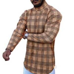 turtleneck men long sleeve shirt fashion t-shirts plaid houndstooth undershirts mock turtle neck slim fit shirts khaki m