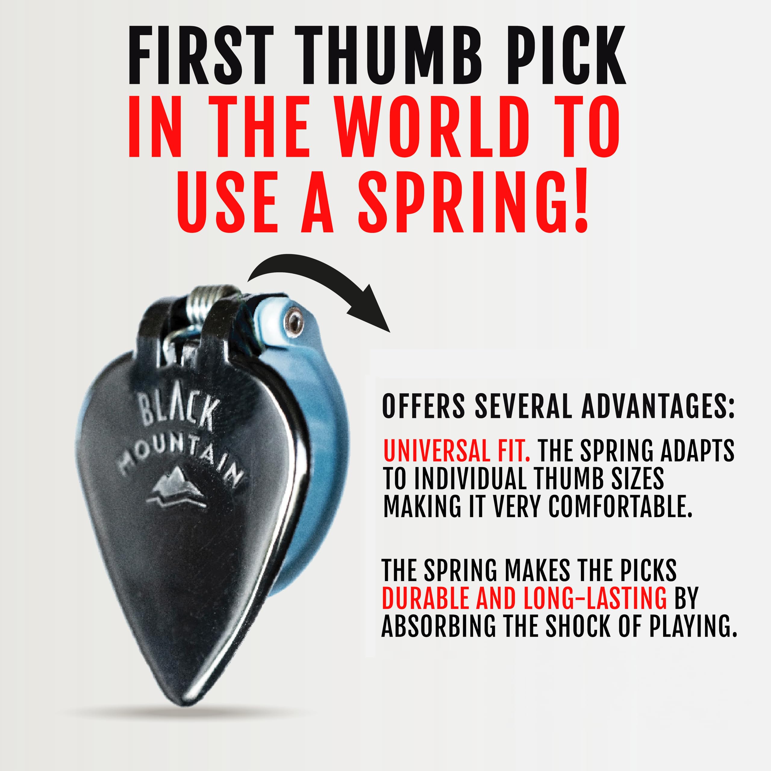 Black Mountain Light Gauge Thumb Picks for Acoustic Guitar, Electric Guitar, Ukulele, Banjo, and More - Spring Loaded Universal Fit for Medium to XL Thumbs - Premium Finger Picks