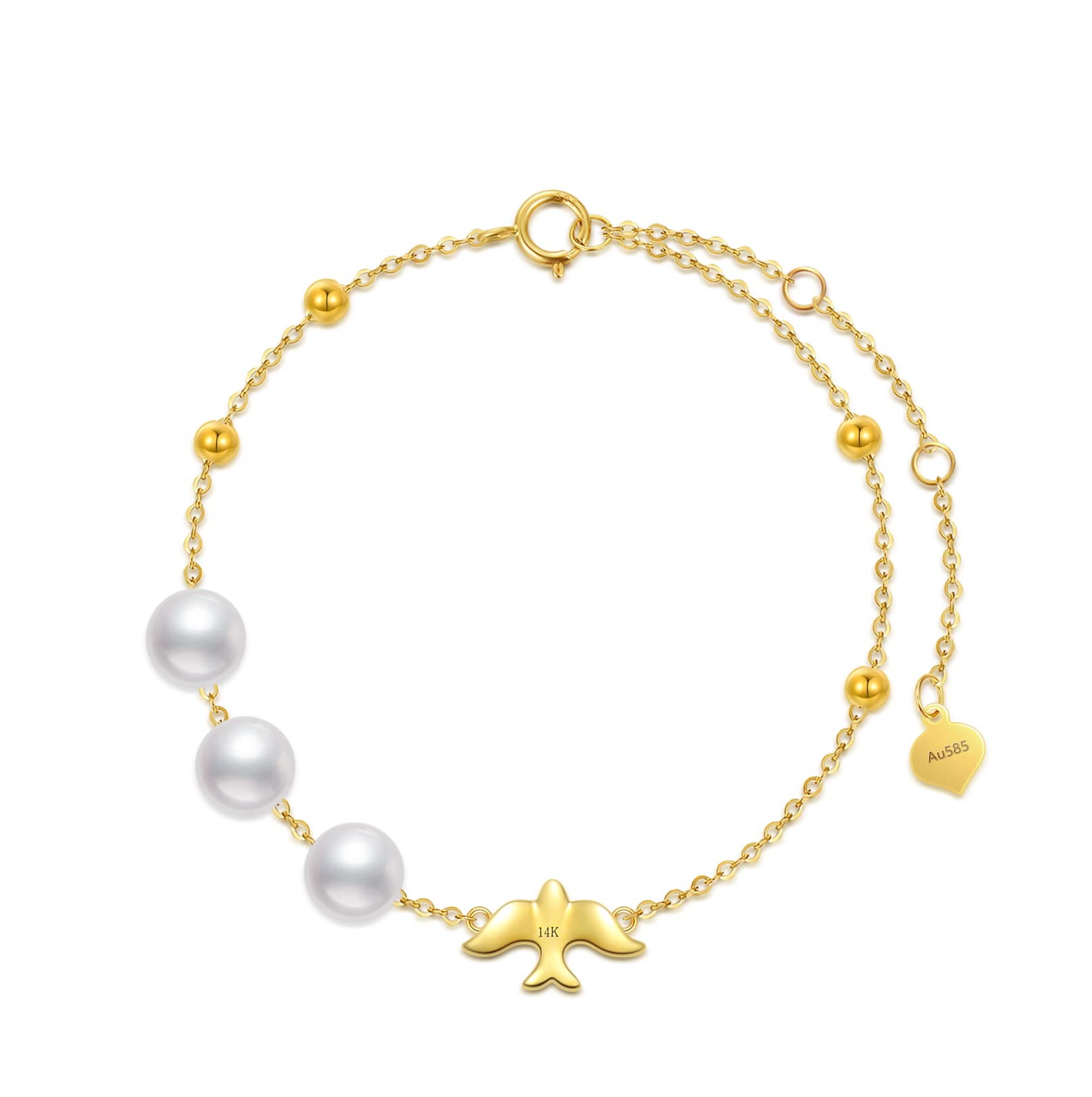 Solid 14k Gold Pearl Bracelet for Women, Simple Gold Handpicked Cultured Pearl Bracelet with Dove Jewelry for Women, Mom Wife Girlfriend, 6"-8"