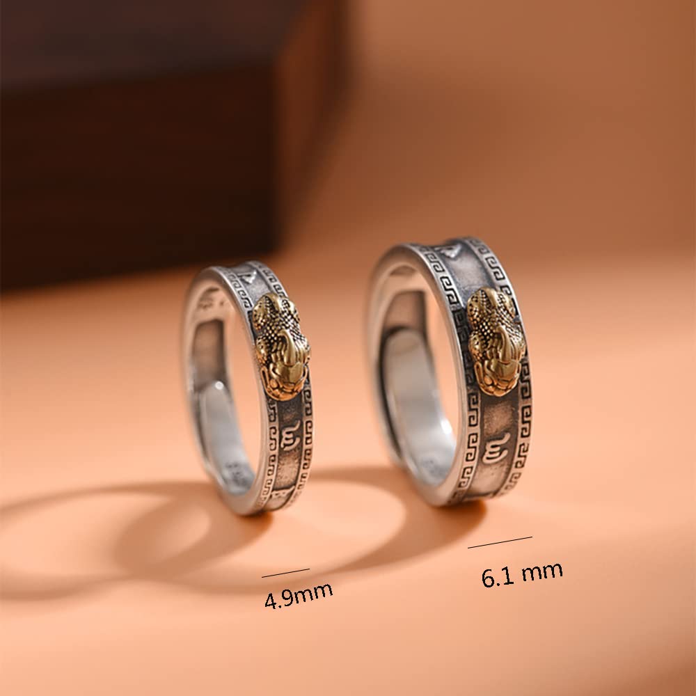 Vintage PiXiu Couple Matching Ring for Him And Her Statement Promise Engagement Wedding Ring Adjustable Open Band Sets Brave Troops MANI Mantra Protect Wealth Luck Jewelry Gift for Girlfriend