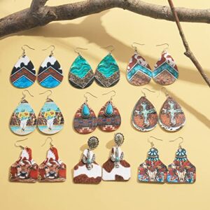 CHISOONBANNER Western Earrings for Women Earrings Set Boho Vintage Handmade Bohemian Turquoise Cow Print Leather Wood Teardrop Dangle for Women 4/6/9pairs