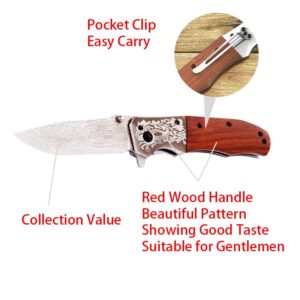 Labstandard Pocket Folding Knife with 3.5”Stainless Steel blade and wood handle -Folding hunting camping Knife with liner-lock and pocket clip