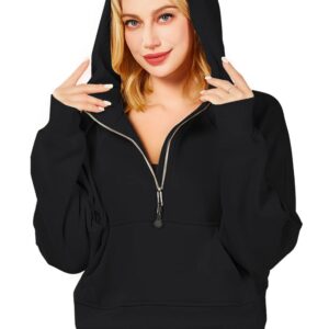 XWEAIJ Fleece Lined pullover women Half Zip Sweatshirt Workout Jackets Zip Up Hoodies for Teen Girls Fashion Cropped Trendy Clothes Black XL