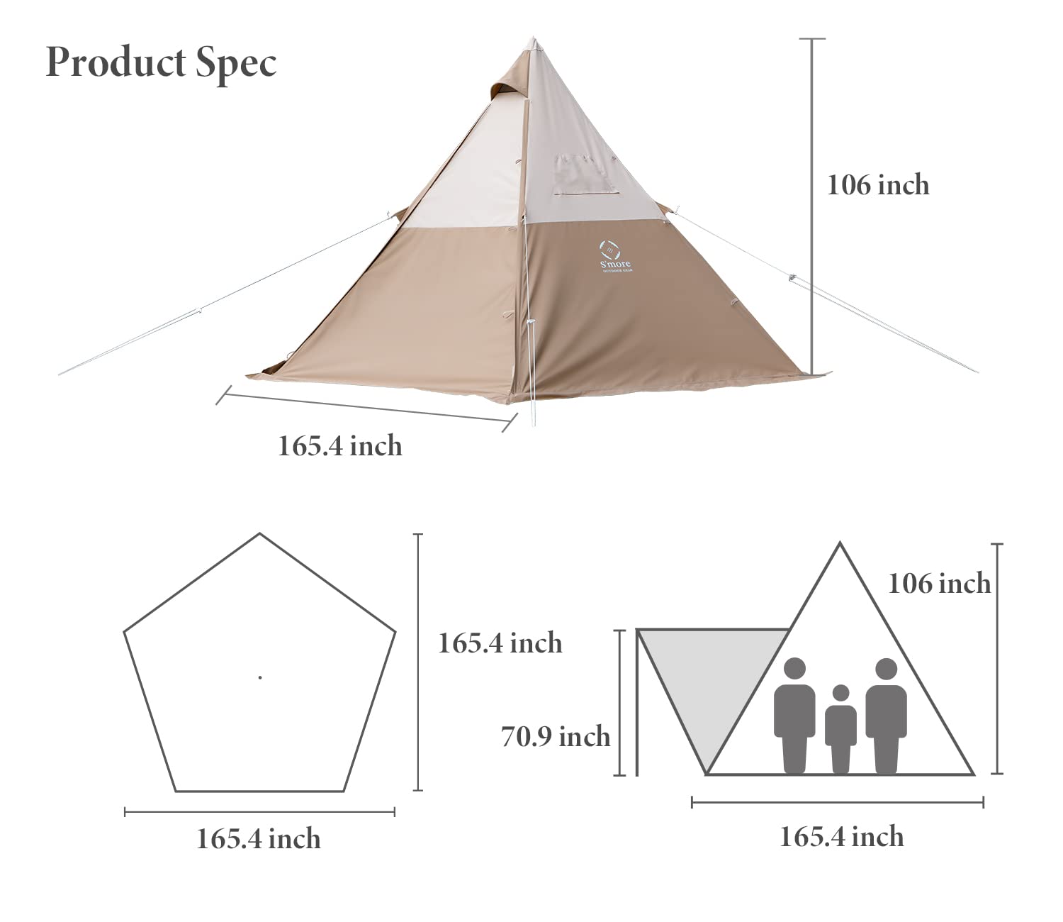 S'more Tetto 3 Person Canvas Tent, Large Waterproof & Windproof Glamping Tent, Hot Tent with Stove Jack, 4 Season Tipi, Teepee, Pyramid, Indian Tent, Ideal for Family Camping, Hiking, Backpacking