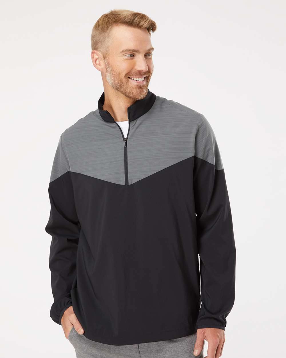 adidas Mens Heather Chevron Quarter-Zip Wind Pullover, M, Black/Black Heather