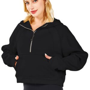 XWEAIJ Fleece Lined pullover women Half Zip Sweatshirt Workout Jackets Zip Up Hoodies for Teen Girls Fashion Cropped Trendy Clothes Black XL