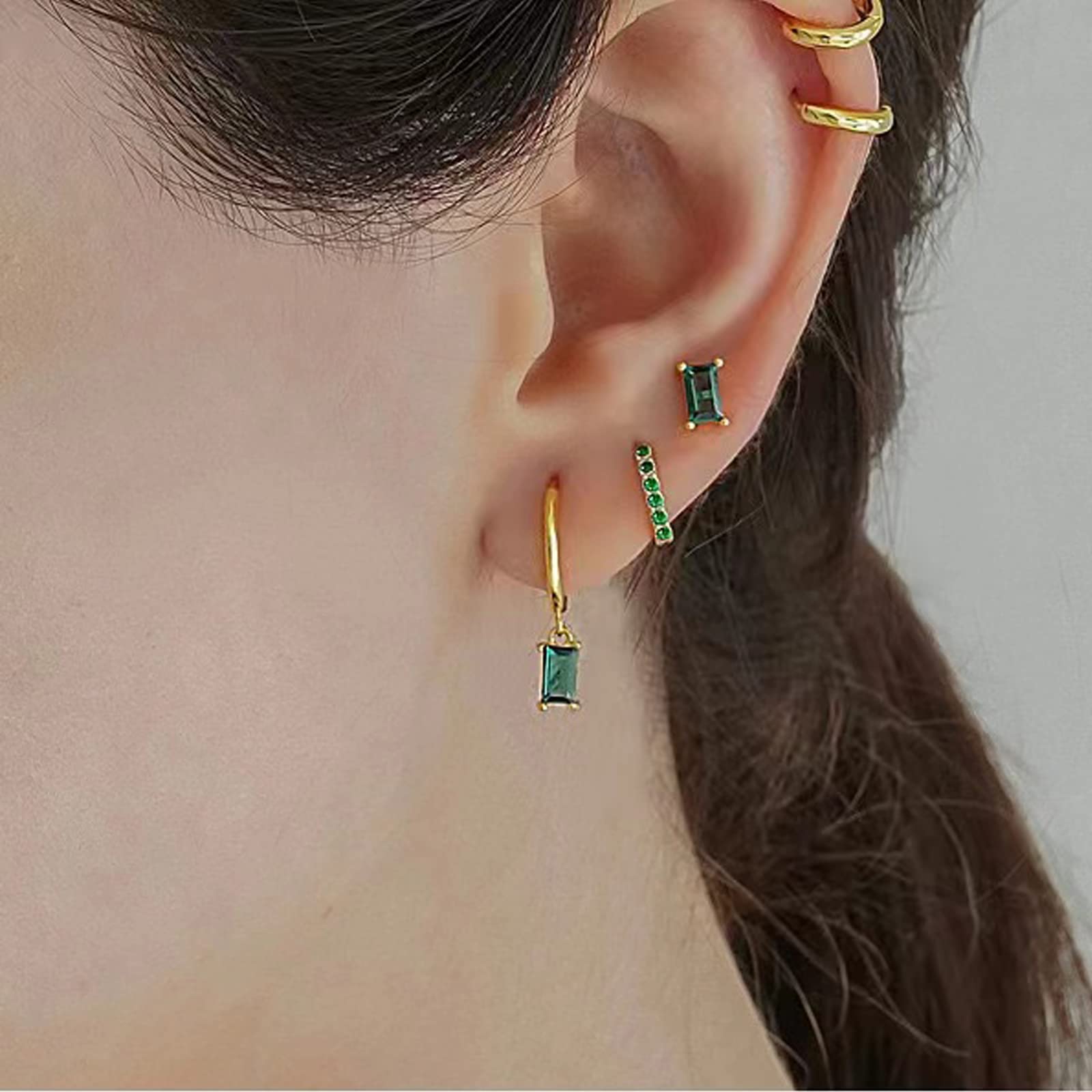 Small Gold Hoop Earrings With Green Drop, Gold Huggie Hoop Earrings For Women 14K Gold Hoops Hypoallergenic Jewelry Small Gold Stud Earrings For Men 6PCS