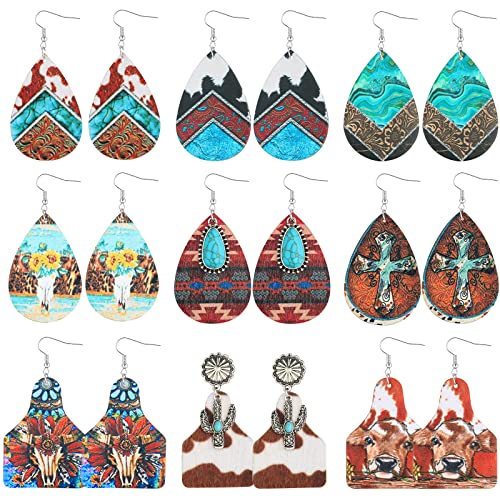 CHISOONBANNER Western Earrings for Women Earrings Set Boho Vintage Handmade Bohemian Turquoise Cow Print Leather Wood Teardrop Dangle for Women 4/6/9pairs