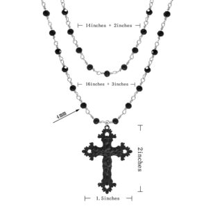 OLARCU Gothic Layered Cross Pendant Necklace for Women, Womens Black Beaded Goth Punk Grunge Jewelry