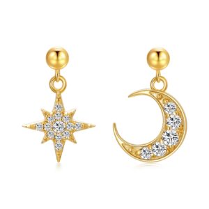 14k real gold moon & star drop stud earrings for women, solid gold moon and star earrings small dainty earrings for gifts for her christmas