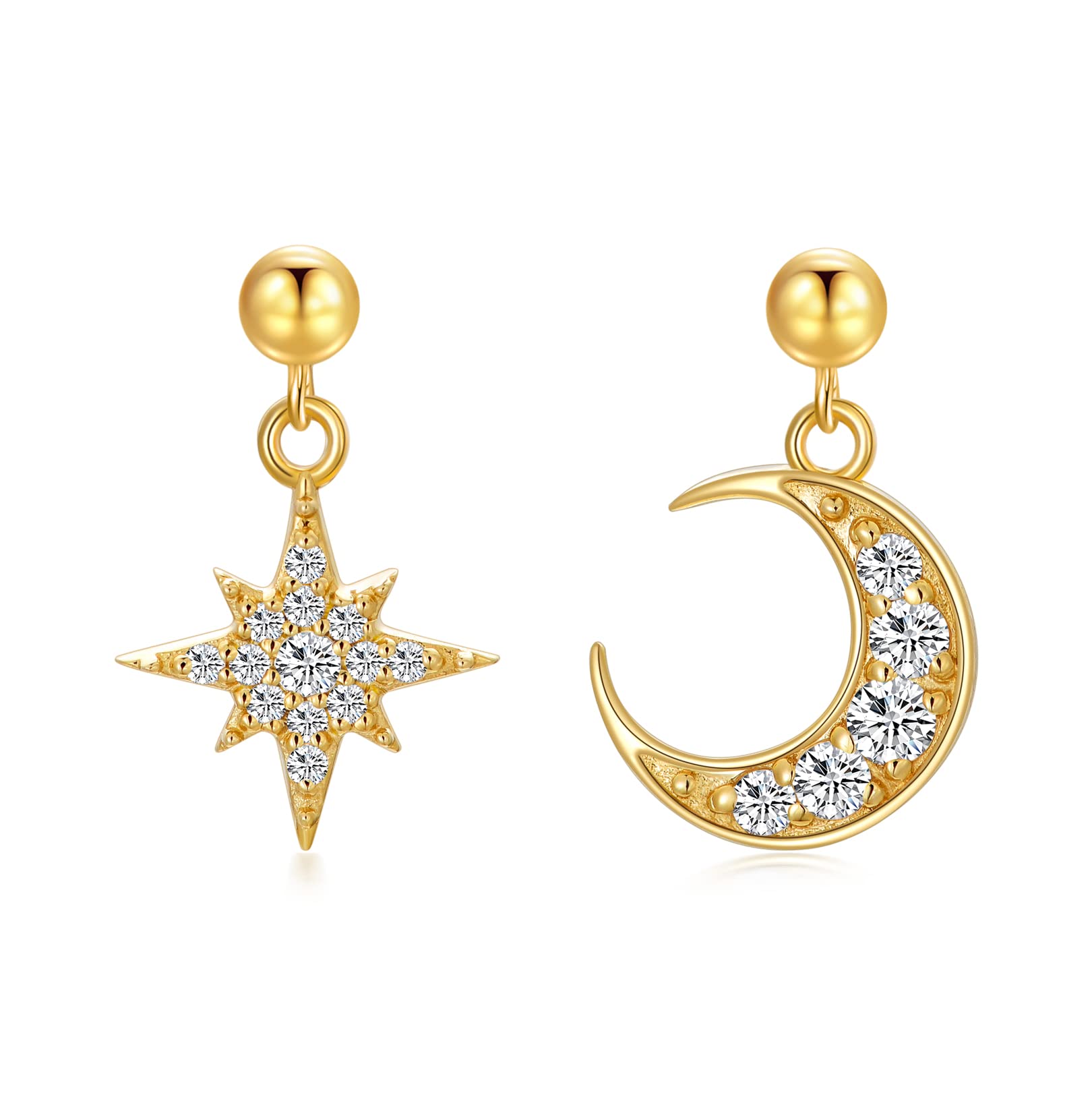 14k Real Gold Moon & Star Drop Stud Earrings for women, Solid Gold Moon And Star Earrings Small Dainty Earrings for Gifts for Her Christmas