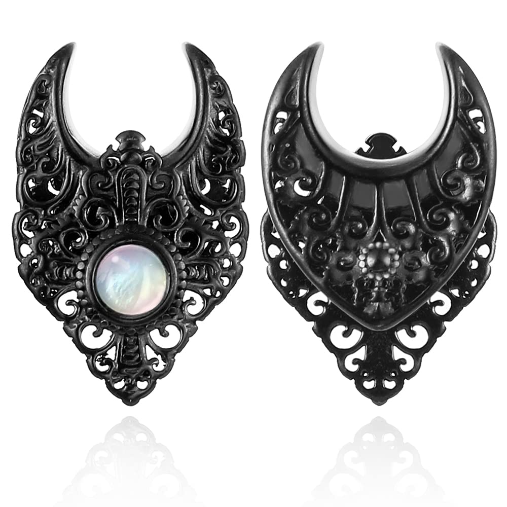 LADEMAYH 2Pcs 00 Gauges for Women, Elegant Black 00g Plugs Gauges for Ears, with White Shell 00g Tunnels Earrings Surgical Steel Saddle Gauges Size 00 Gauge Earrings