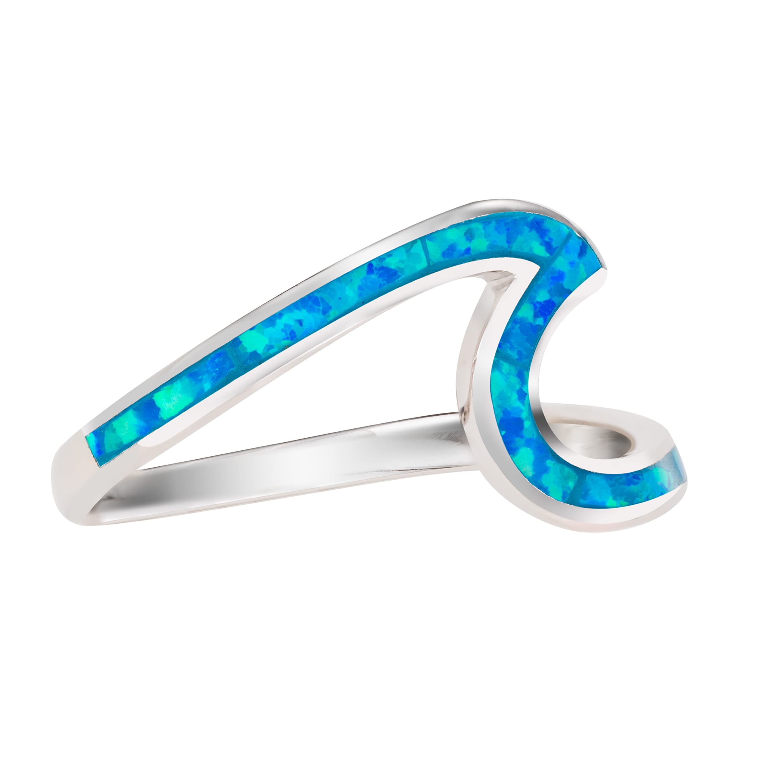 Aloha Jewelry Company 925 Sterling Silver Created Opal Ocean Beach Wave Ring Wedding Band Hawaii, Nickle Free and Hypoallergenic For Sensitive Skin, With Gift Box (Blue Opal, 4)