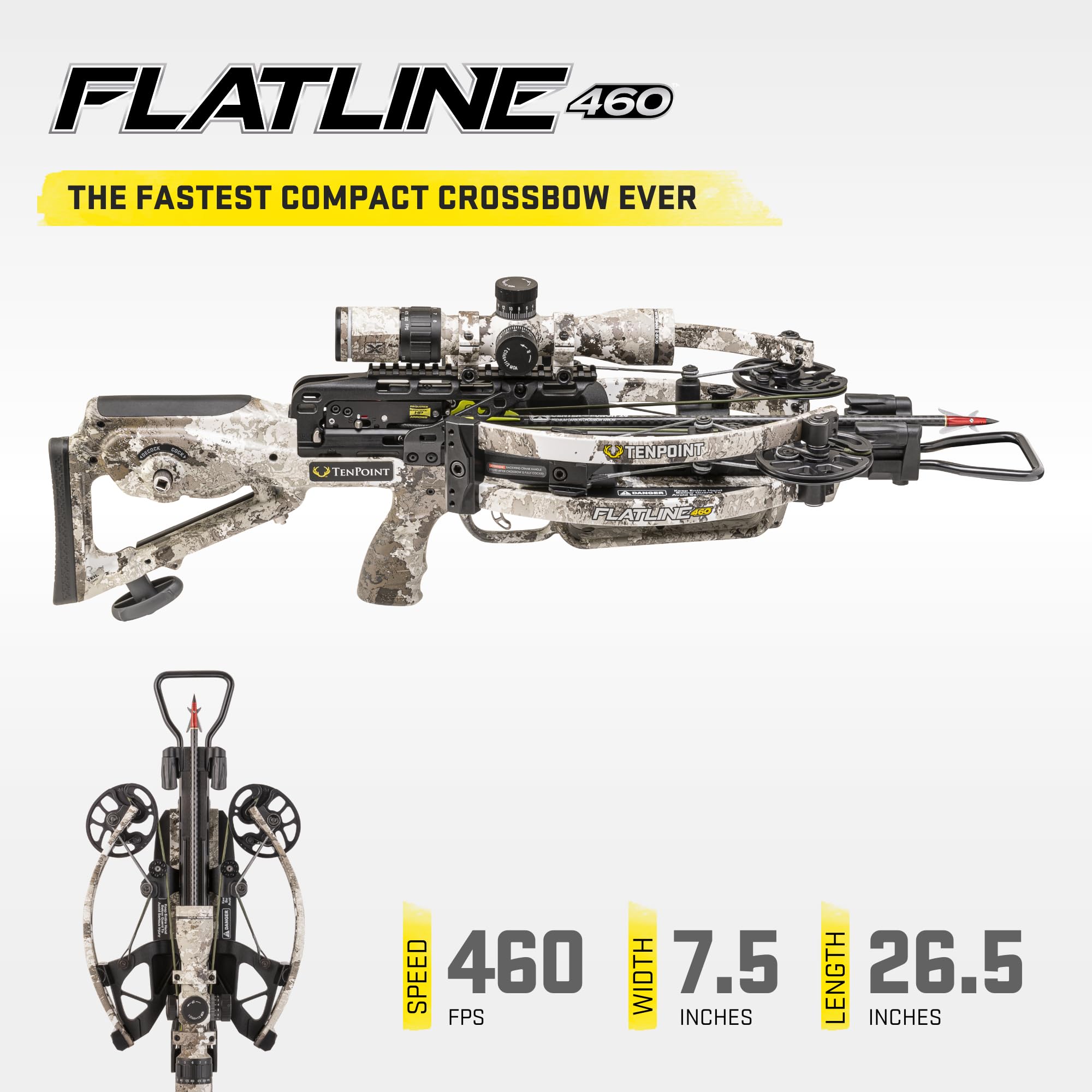 TenPoint Flatline 460 Crossbow - 460 FPS - Fastest Compact Crossbow on The Market - Includes 100-Yard EVO-X Marksman Elite Scope, ACUslide Cocking & De-Cocking System & 6 EVO-X 16 Carbon Arrows