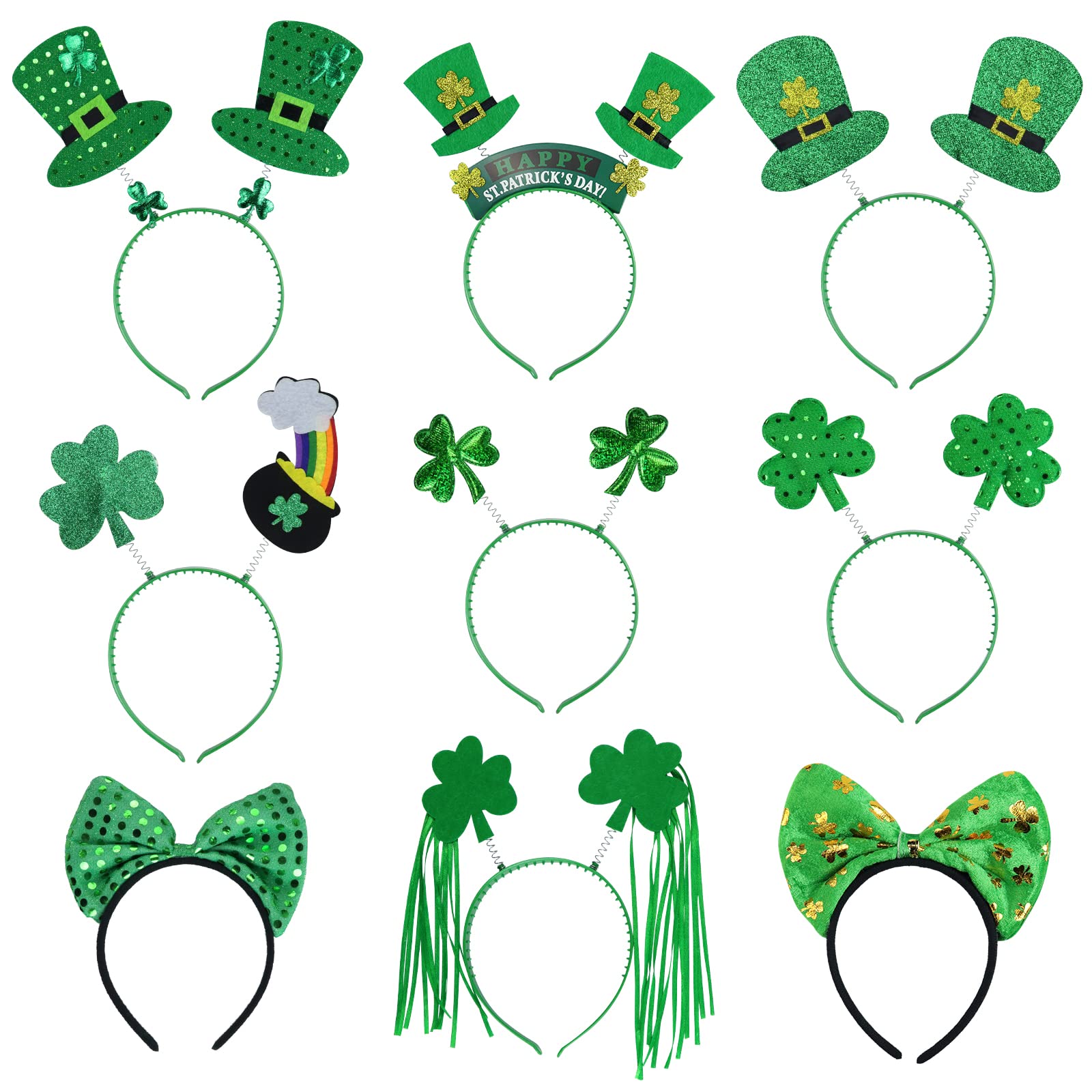 Fudragtn 9PCS St Patricks Day Headband,St.Patrick'S Day Green Shamrock Clover Headband for Women Girls Hair Accessories Headwear