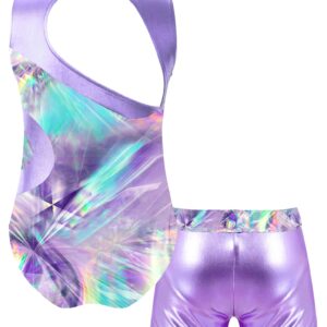 Nikiikoo Kids Girls Sparkly Gymnastics Leotards with Shorts Outfits Ballet Dance Biketard Gym Clothes Swimwear Lavender 12 Years