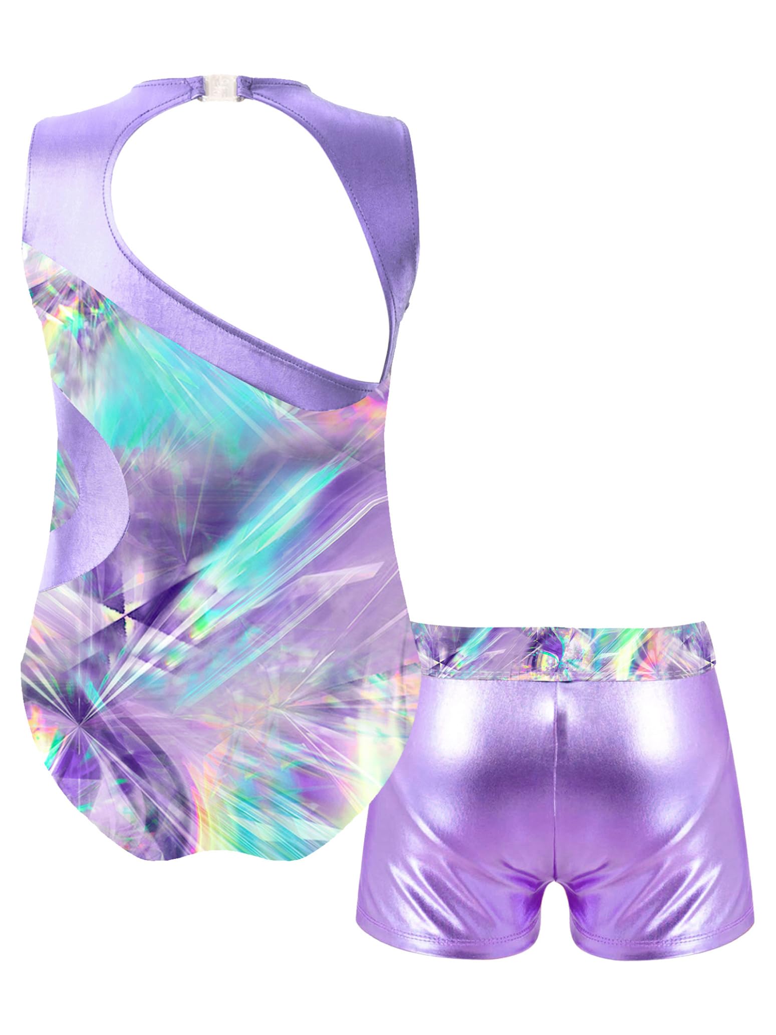 Nikiikoo Kids Girls Sparkly Gymnastics Leotards with Shorts Outfits Ballet Dance Biketard Gym Clothes Swimwear Lavender 12 Years