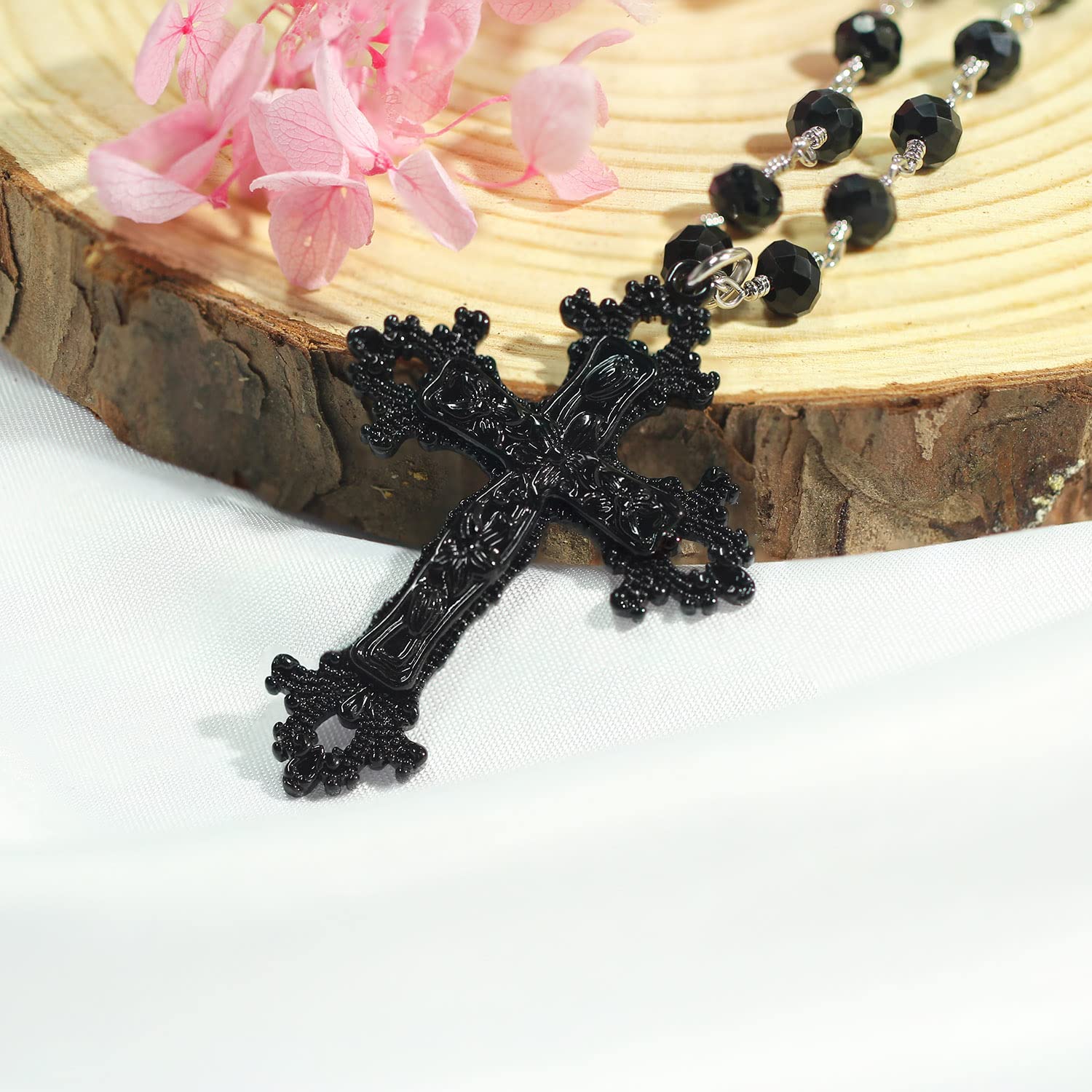 OLARCU Gothic Layered Cross Pendant Necklace for Women, Womens Black Beaded Goth Punk Grunge Jewelry