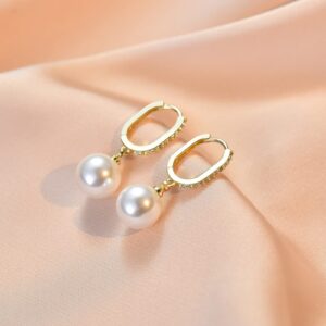 Awinesn Pearl Earrings for Women 14K Gold Plated Pearl Dangle Earrings Dainty 5A Cubic Zirconia Pearl Drop Earring With 925 Sterling Silver Post Jewelry for Bridal Bridesmaid