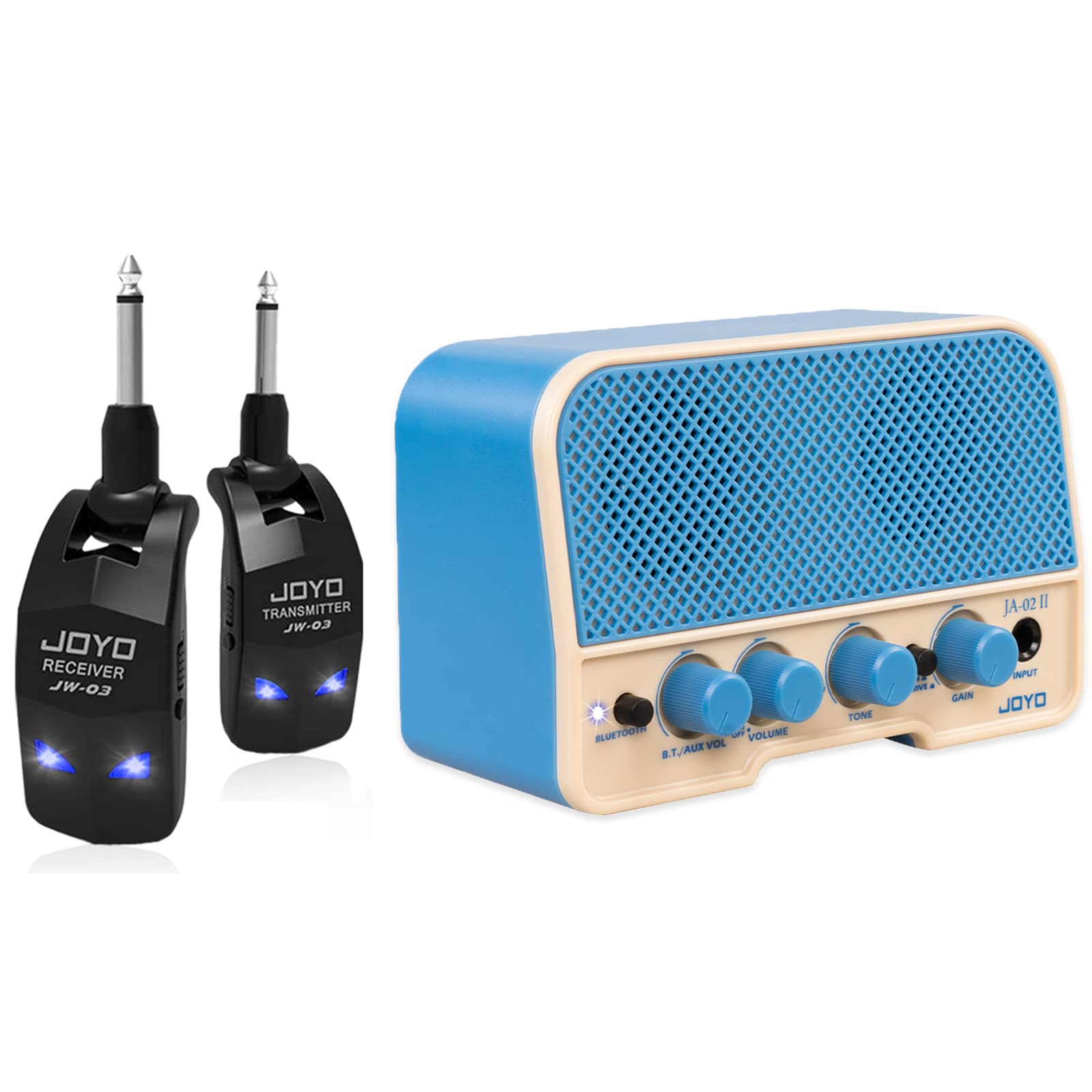 JOYO JW-03 Wireless Guitar Transmitter Receiver and JA-02 II Mini Practice Guitar Amplifier 5W Blue