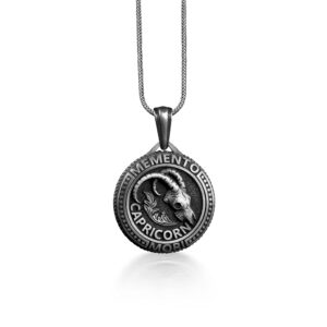 Capricorn Memento Mori Coin Necklace For Dad, Zodiac Sign Necklace in Silver, Goth Astrology Necklace For Husband, Sea Goat Skull Necklace