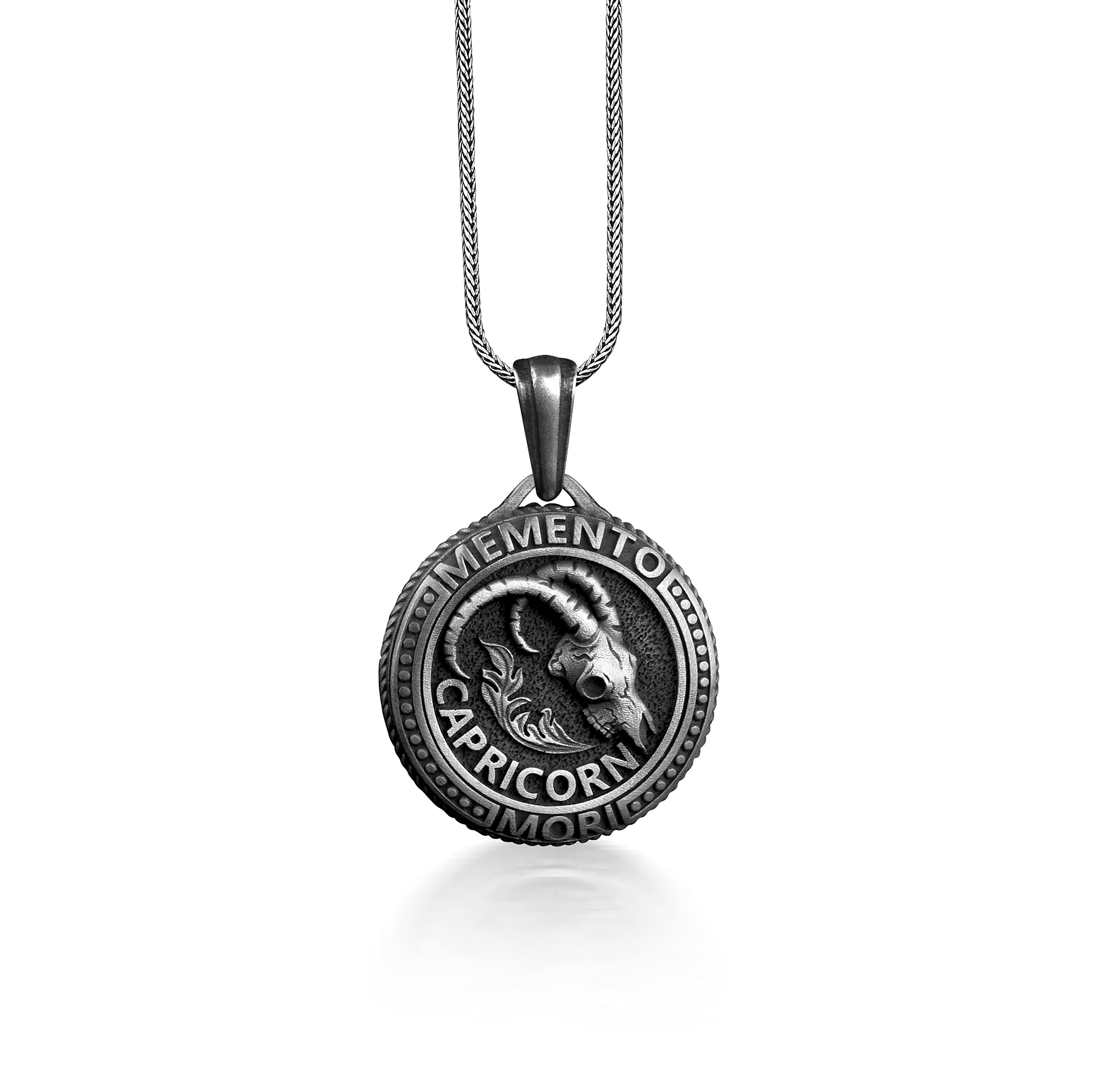 Capricorn Memento Mori Coin Necklace For Dad, Zodiac Sign Necklace in Silver, Goth Astrology Necklace For Husband, Sea Goat Skull Necklace