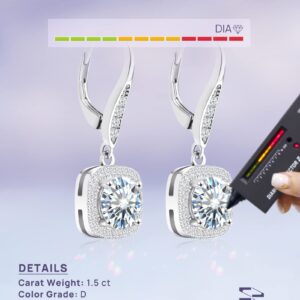 wowshow Moissanite Earrings, Leverback Earrings for Women 925 Sterling Silver 3ct Moissanite Diamond Dangle Drop Earrings Cushion Halo White Gold Plated for Women Birthday Wedding Mothers Day Gifts