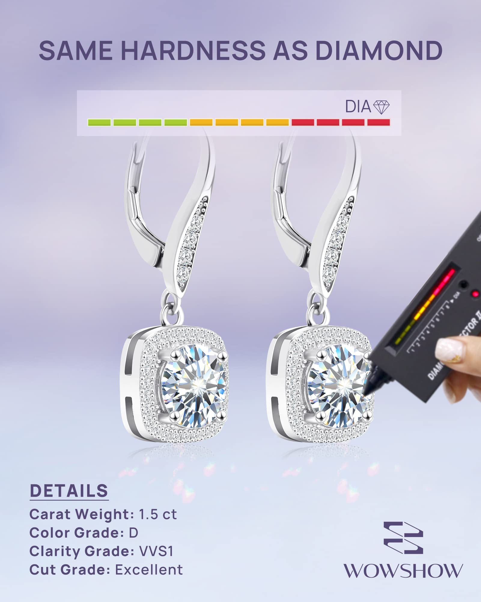 wowshow Moissanite Earrings, Leverback Earrings for Women 925 Sterling Silver 3ct Moissanite Diamond Dangle Drop Earrings Cushion Halo White Gold Plated for Women Birthday Wedding Mothers Day Gifts