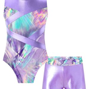 Nikiikoo Kids Girls Sparkly Gymnastics Leotards with Shorts Outfits Ballet Dance Biketard Gym Clothes Swimwear Lavender 12 Years