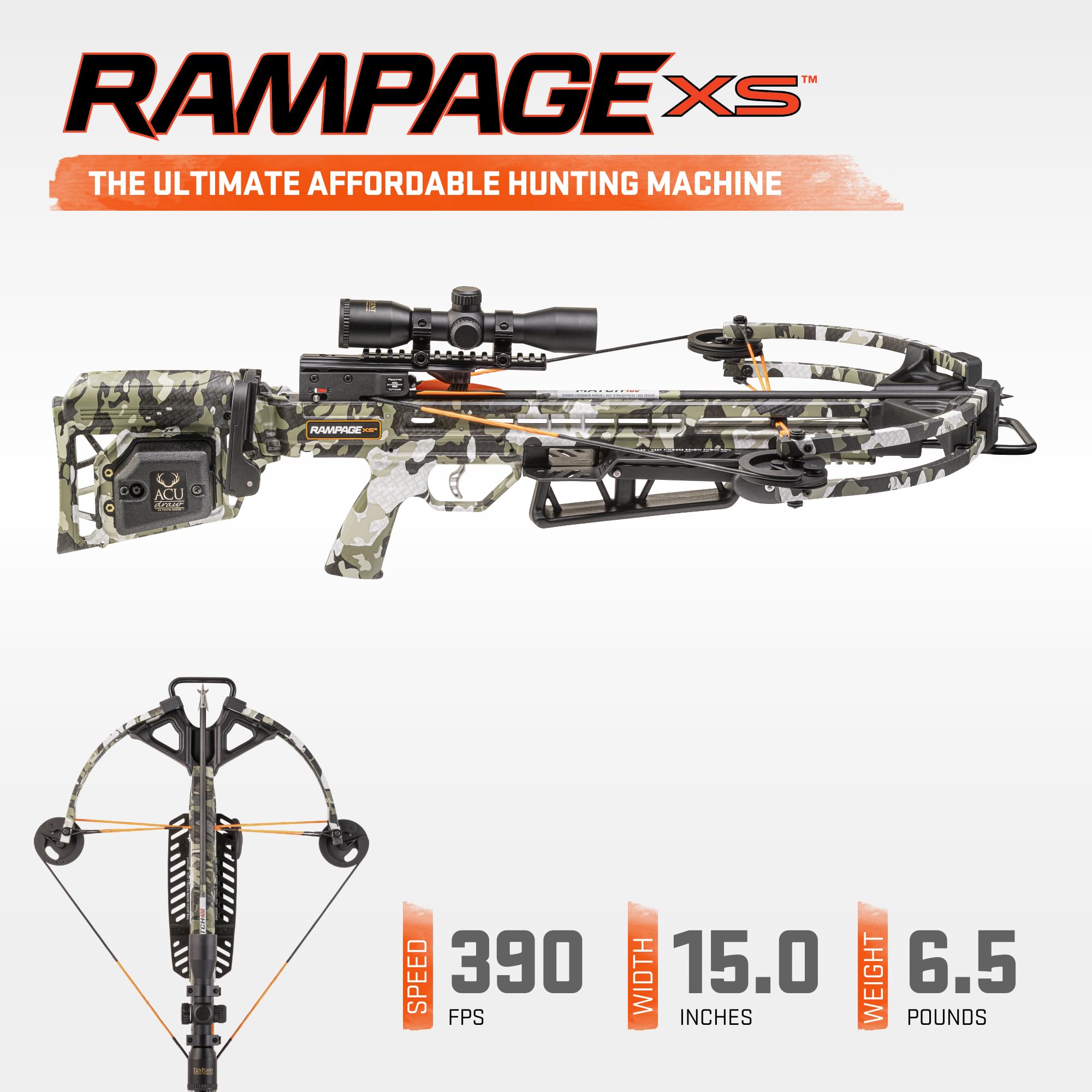 Wicked Ridge by TenPoint Rampage XS Crossbow, Peak XT - 390 FPS - The Ultimate Affordable Hunting Machine - Includes Lighted 3X Pro-View Scope, ACUdraw & Three Match 400 Carbon Alpha-Nock Arrows