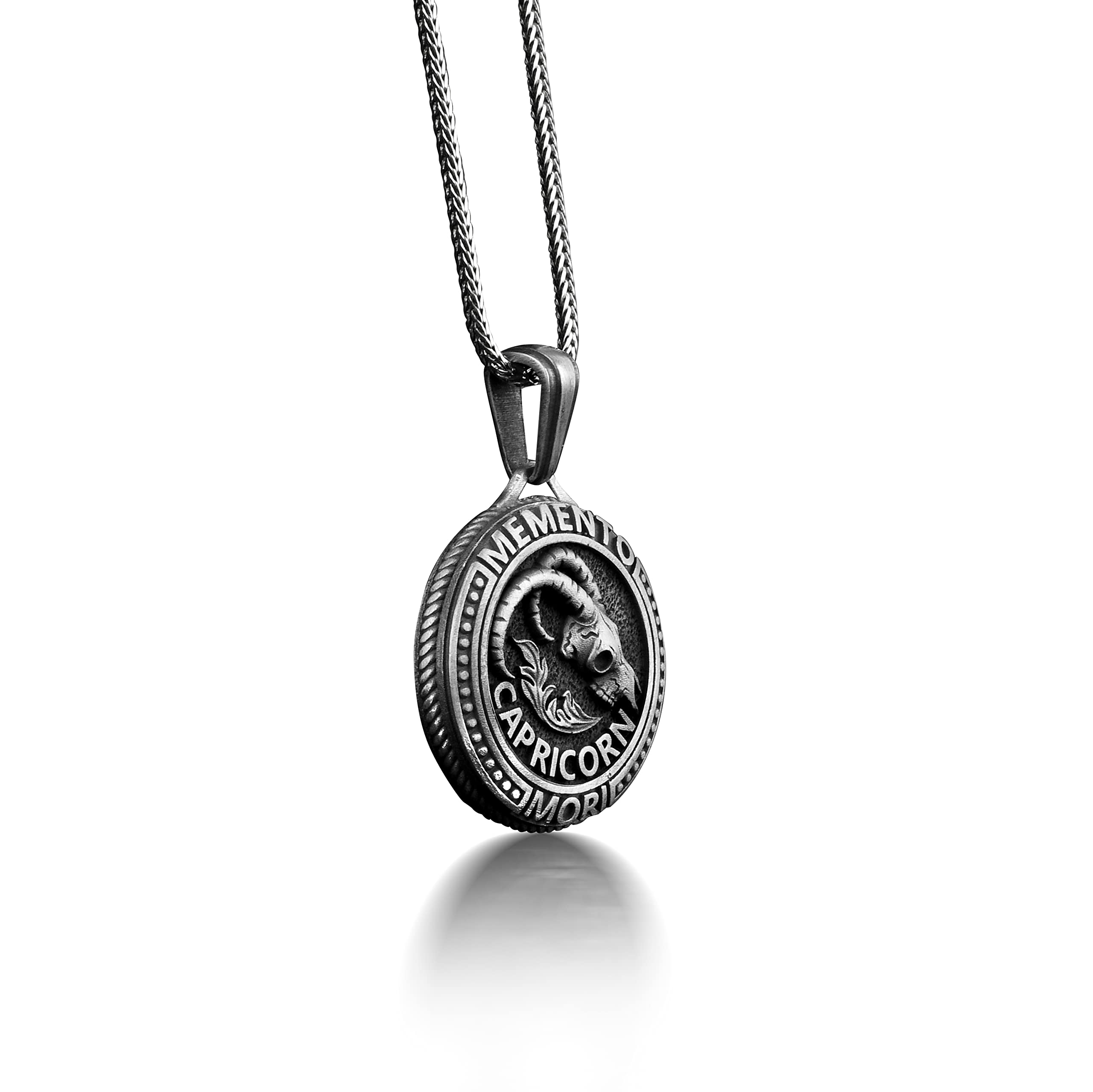 Capricorn Memento Mori Coin Necklace For Dad, Zodiac Sign Necklace in Silver, Goth Astrology Necklace For Husband, Sea Goat Skull Necklace