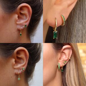 Small Gold Hoop Earrings With Green Drop, Gold Huggie Hoop Earrings For Women 14K Gold Hoops Hypoallergenic Jewelry Small Gold Stud Earrings For Men 6PCS