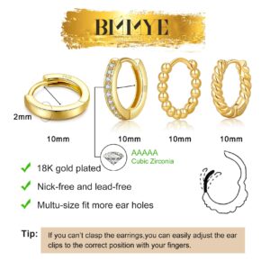 BMMYE Small Gold Huggie Hoop Earrings for Women 4 Pairs Cartilage Mini Gold Hoops Tiny Gold Earrings Set for Multiple Piercing Hypoallergenic 10mm