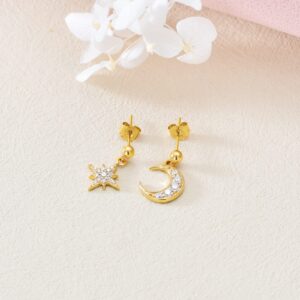 14k Real Gold Moon & Star Drop Stud Earrings for women, Solid Gold Moon And Star Earrings Small Dainty Earrings for Gifts for Her Christmas