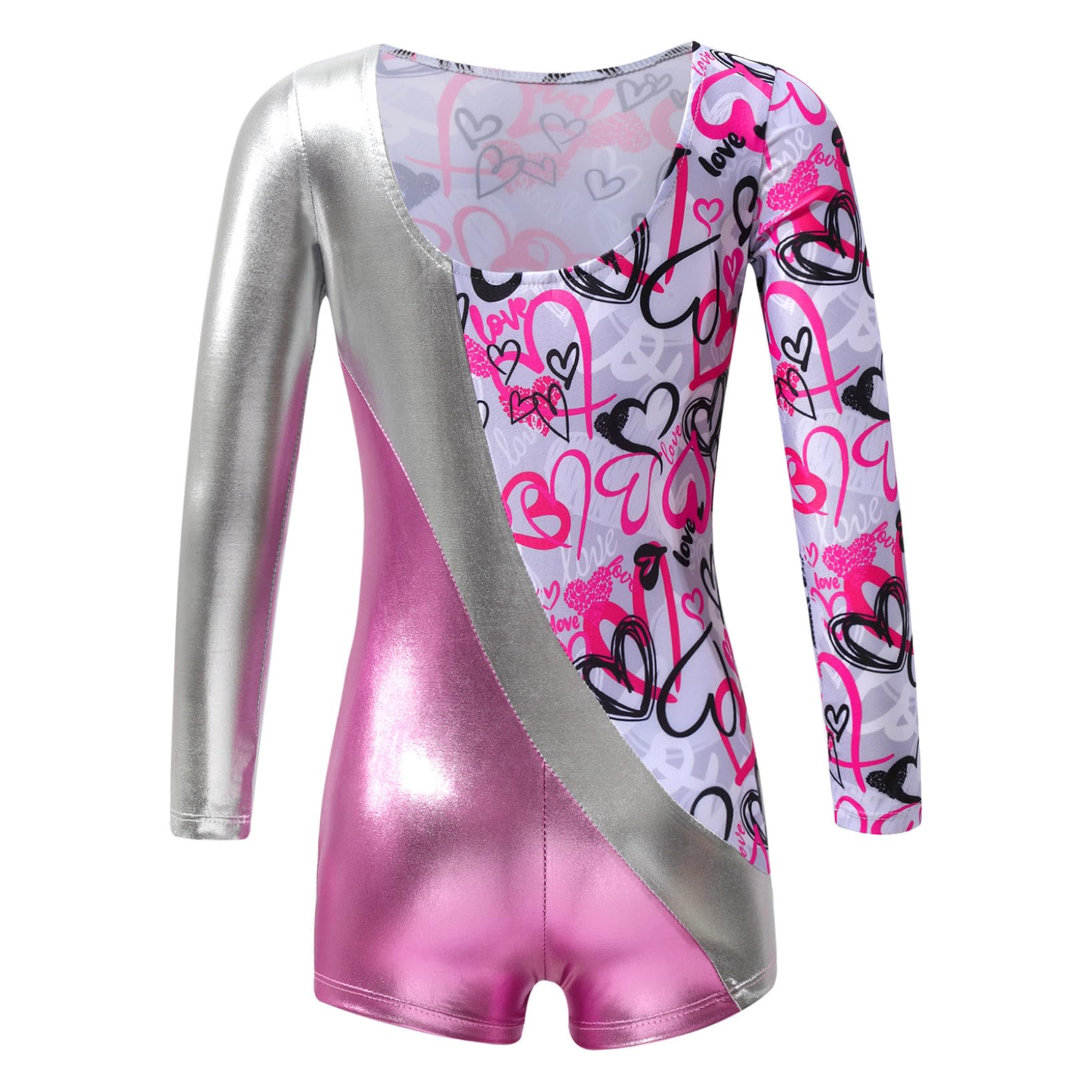 Hansber Metallic Biketard for Kids Girls Long Sleeve U Neck Shorty Leotard Gymnastics Tumebling Top Pink 12 Years