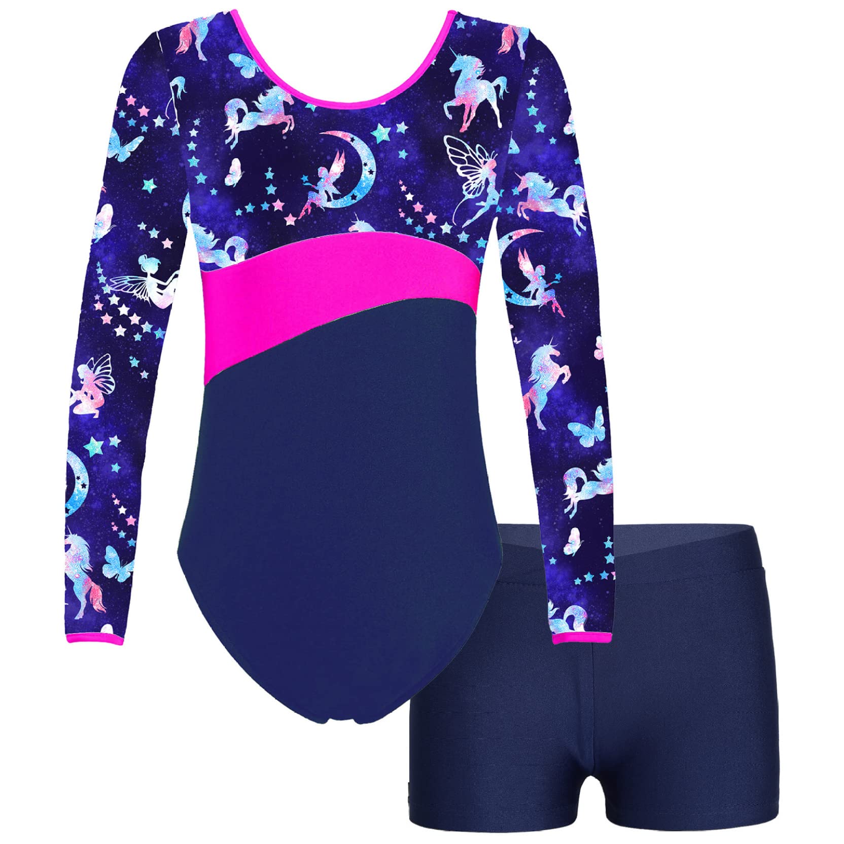 Nikiikoo Kids Girls 2Pcs Gymnastics Dance Outfits Long Sleeve Leotards with Shorts Athletic Biketards Unitards Fairy 4 Years