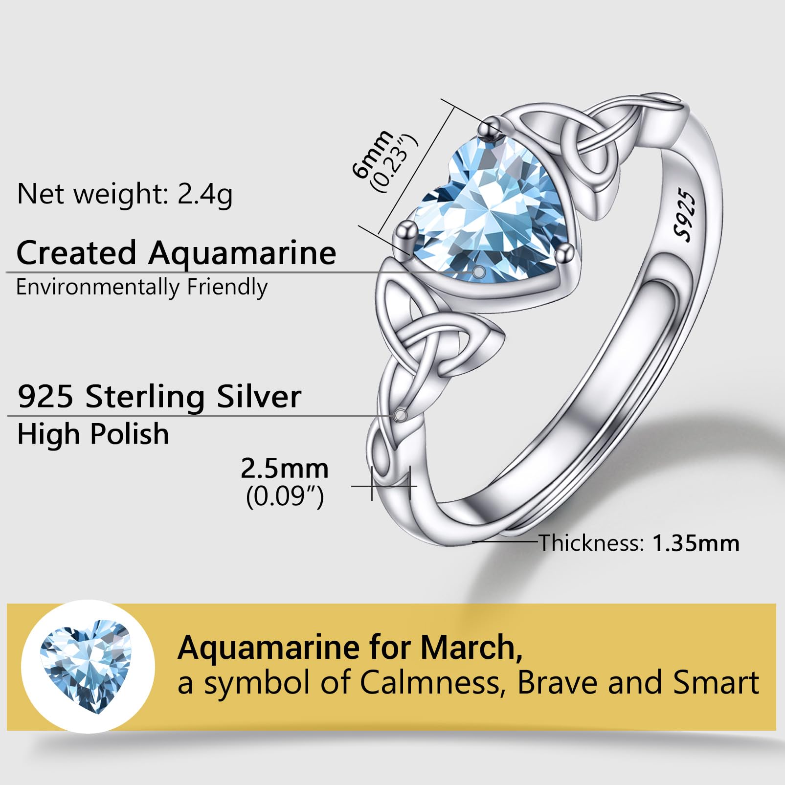 PROSILVER March Birthstone Rings 925 Silver Crystal Jewelry Aquamarine Blue Cubic Zirconia Heart Ring