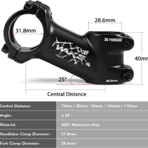 ZECHAO Mountain Road Bike Stem,Ultralight 25 Degree Bike Stem Handlebar 31.8mm Mountain Bike Stem 70/80/90/100/110mm Bike Parts Bike Stem (Color : Black, Size : 70mm)