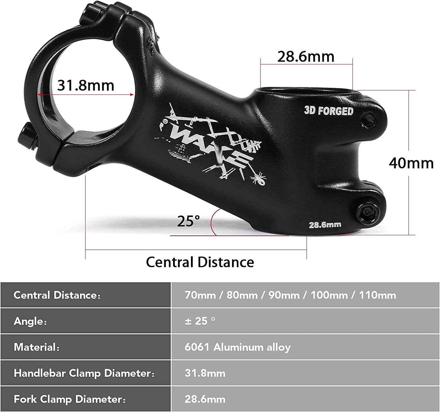 ZECHAO Mountain Road Bike Stem,Ultralight 25 Degree Bike Stem Handlebar 31.8mm Mountain Bike Stem 70/80/90/100/110mm Bike Parts Bike Stem (Color : Black, Size : 70mm)